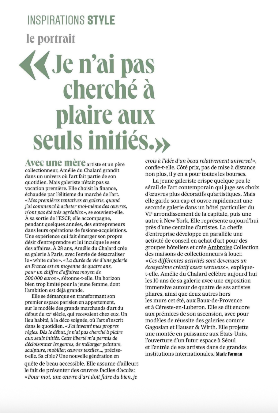 Amélie du Chalard dans Les Echos Week-End