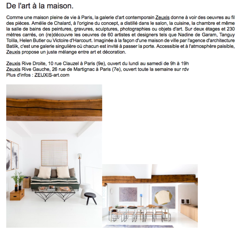 Zeuxis galerie d'art dans le magazine Coté Maison